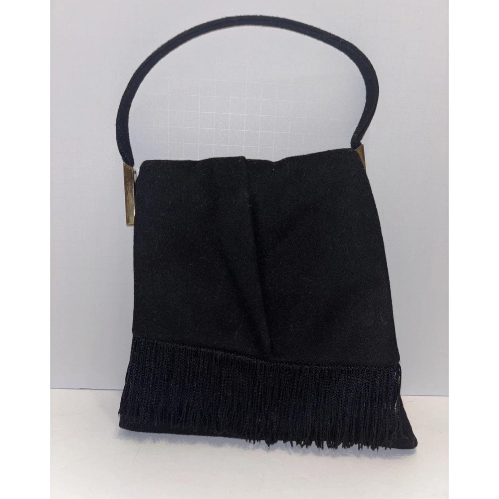 Vintage CROWN LEWIS Wool Fringe Handbag Purse Black